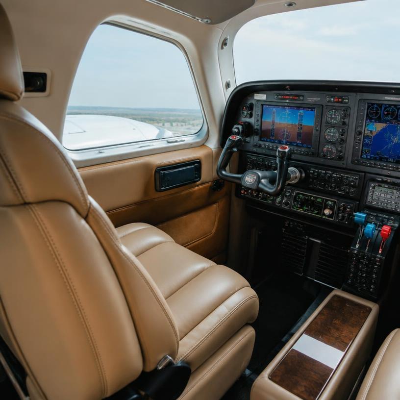 Pristine leather cockpit interior of a light aircraft
