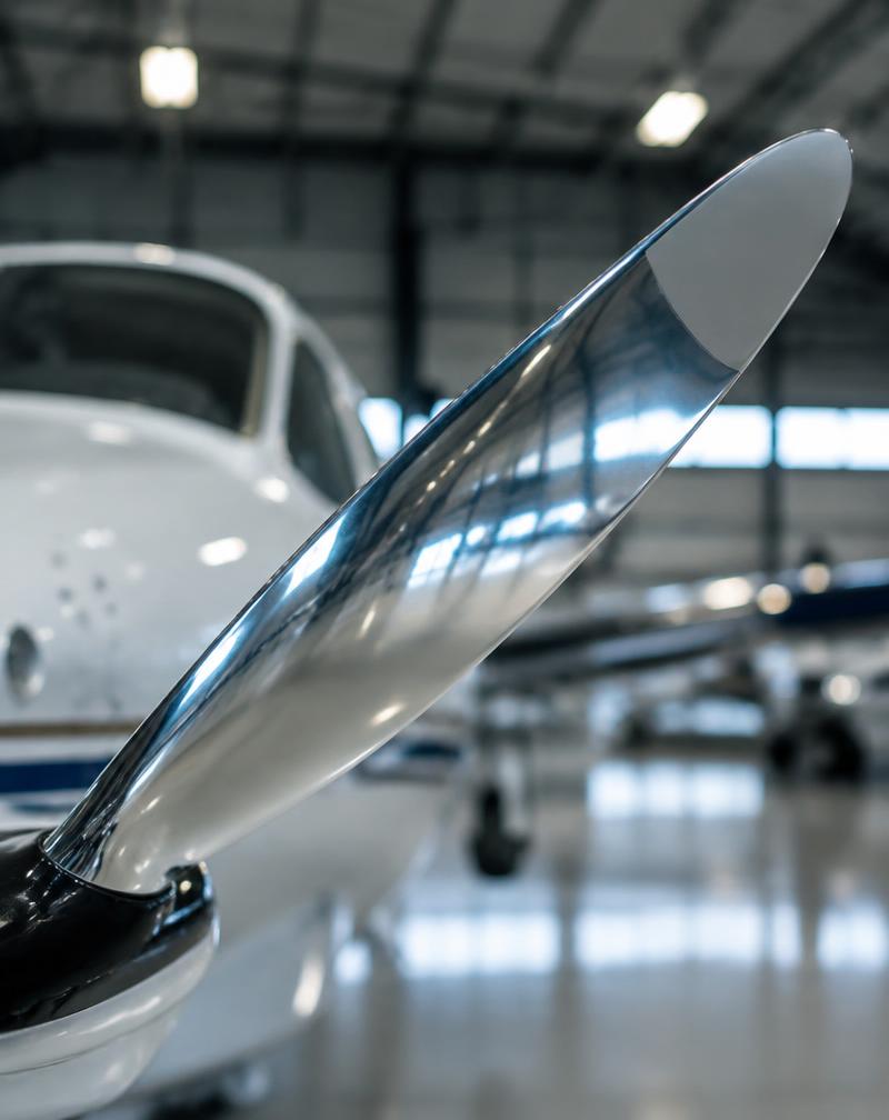 Polished propeller blade gleaming under hangar lights